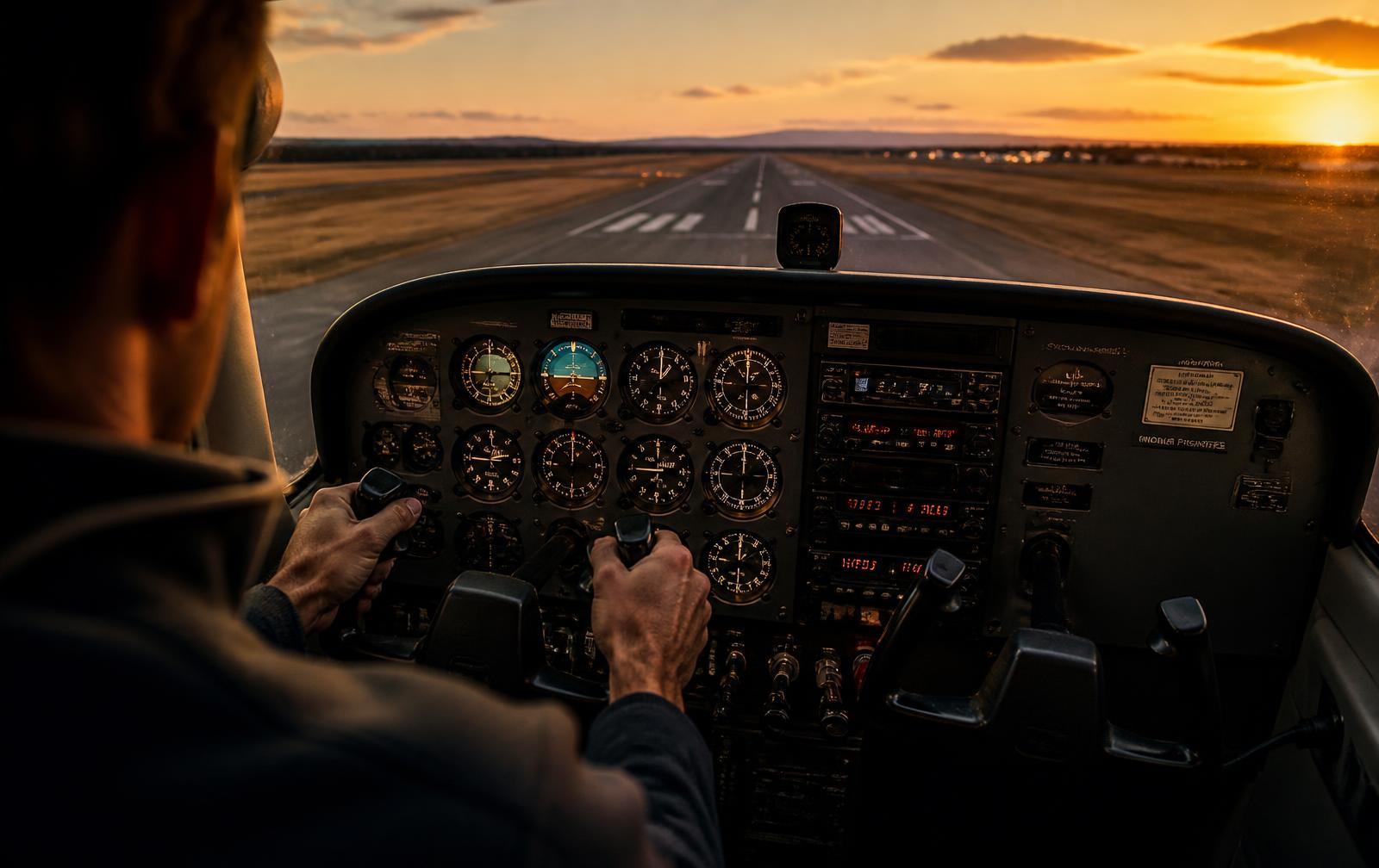 View over a small aircraft instrument panel toward a runway at sunset